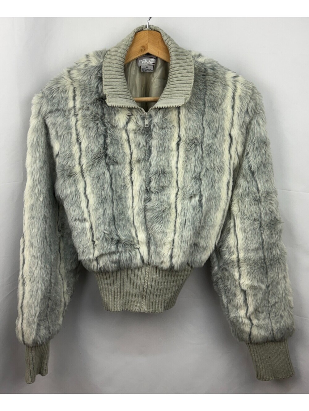 Vintage Y2K Rave Brand Women's Size M Grey Cropped Faux Fur Bomber Jacket
